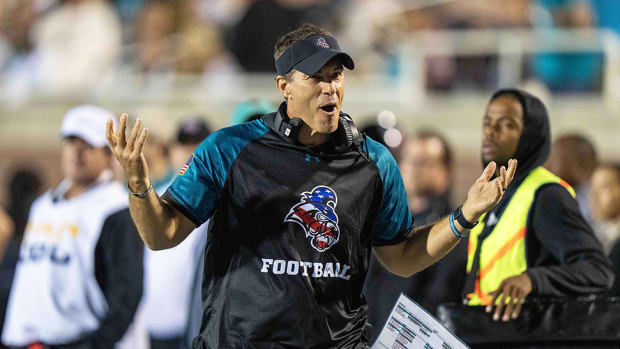 Coastal Carolina Chanticleers head coach Jamey Chadwell expresses disagreement to an official in the third quarter against the Southern Mississippi Golden Eagles at Brooks Stadium.
